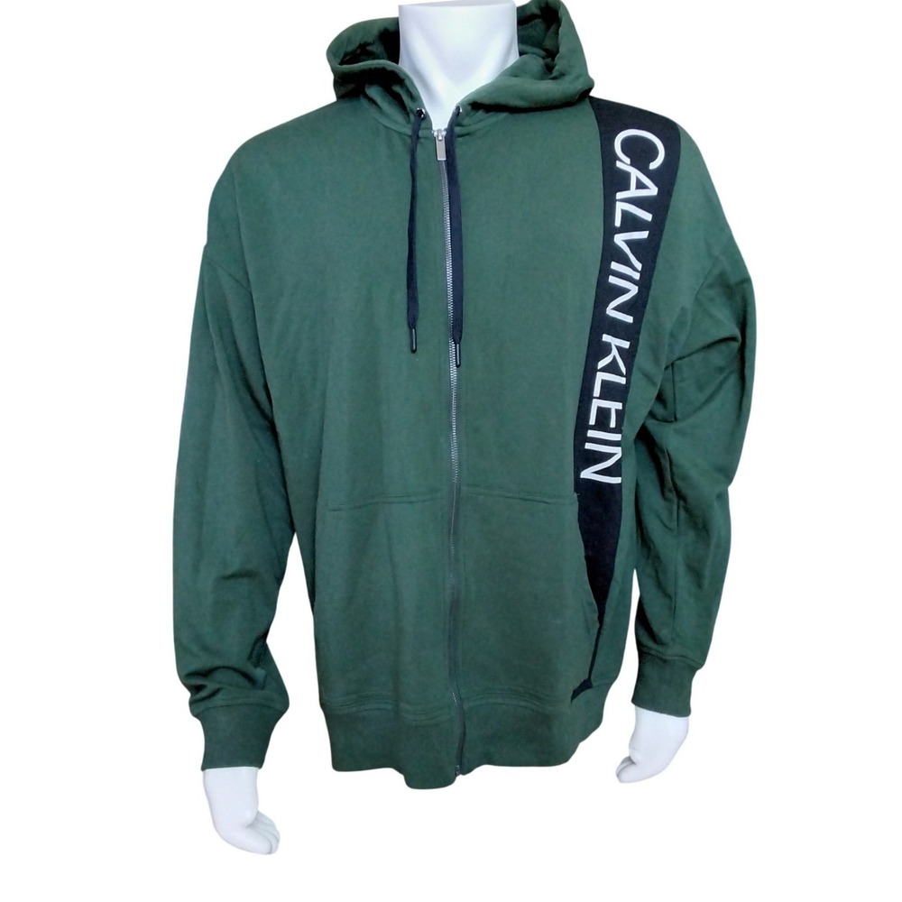 Calvin Klein Mens XL Full Zip Hoodie Forest Green Vertical Logo Sweatshirt